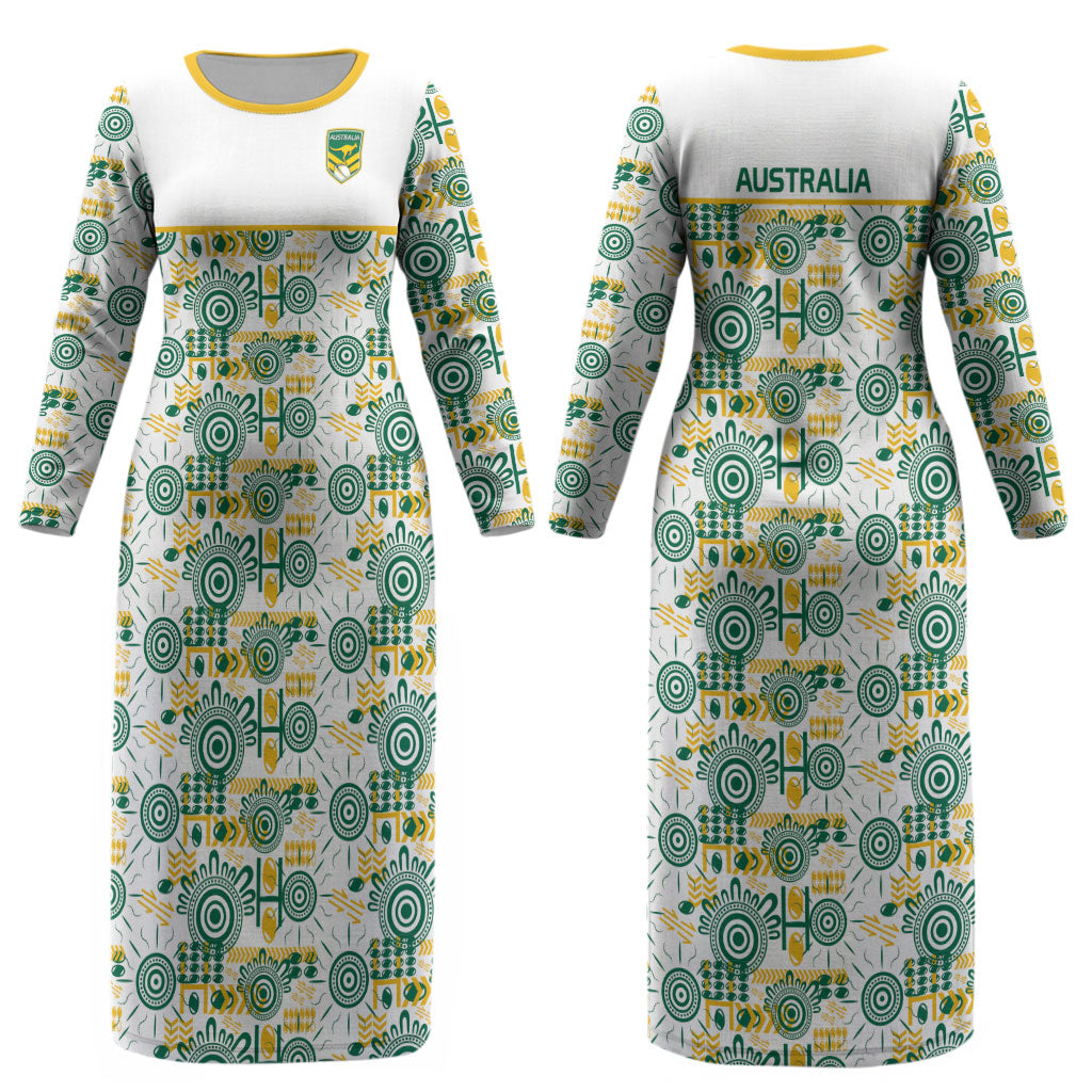 Australia Rugby Kangaroo Couples Matching Long Sleeve Bodycon Dress and Long Sleeve Button Shirt White Aboriginal Dot Geometry