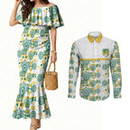 Australia Rugby Kangaroo Couples Matching Mermaid Dress and Long Sleeve Button Shirt White Aboriginal Dot Geometry