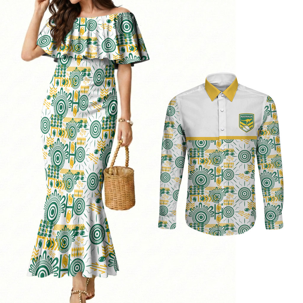 Australia Rugby Kangaroo Couples Matching Mermaid Dress and Long Sleeve Button Shirt White Aboriginal Dot Geometry