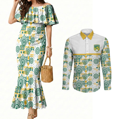 Australia Rugby Kangaroo Couples Matching Mermaid Dress and Long Sleeve Button Shirt White Aboriginal Dot Geometry