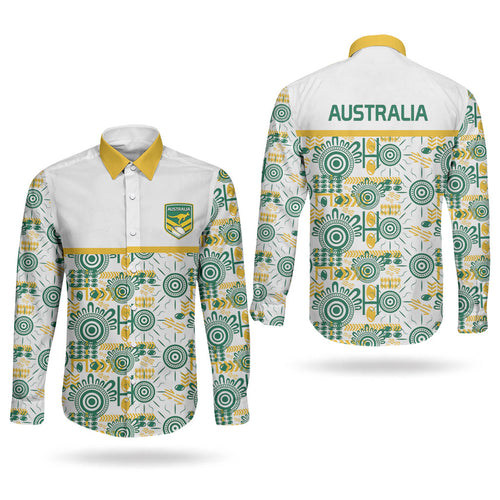 Australia Rugby Kangaroo Couples Matching Mermaid Dress and Long Sleeve Button Shirt White Aboriginal Dot Geometry