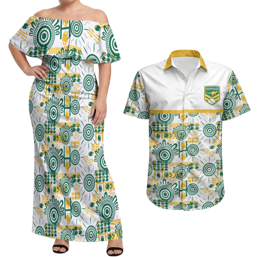 Australia Rugby Kangaroo Couples Matching Off Shoulder Maxi Dress and Hawaiian Shirt White Aboriginal Dot Geometry