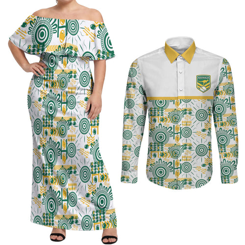 Australia Rugby Kangaroo Couples Matching Off Shoulder Maxi Dress and Long Sleeve Button Shirt White Aboriginal Dot Geometry