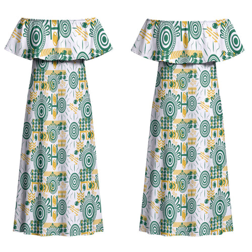 Australia Rugby Kangaroo Couples Matching Off Shoulder Maxi Dress and Long Sleeve Button Shirt White Aboriginal Dot Geometry