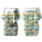 Australia Rugby Kangaroo Couples Matching Off Shoulder Short Dress and Hawaiian Shirt White Aboriginal Dot Geometry