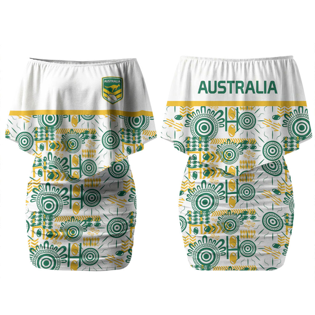 Australia Rugby Kangaroo Couples Matching Off Shoulder Short Dress and Hawaiian Shirt White Aboriginal Dot Geometry