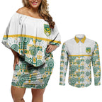 Australia Rugby Kangaroo Couples Matching Off Shoulder Short Dress and Long Sleeve Button Shirt White Aboriginal Dot Geometry