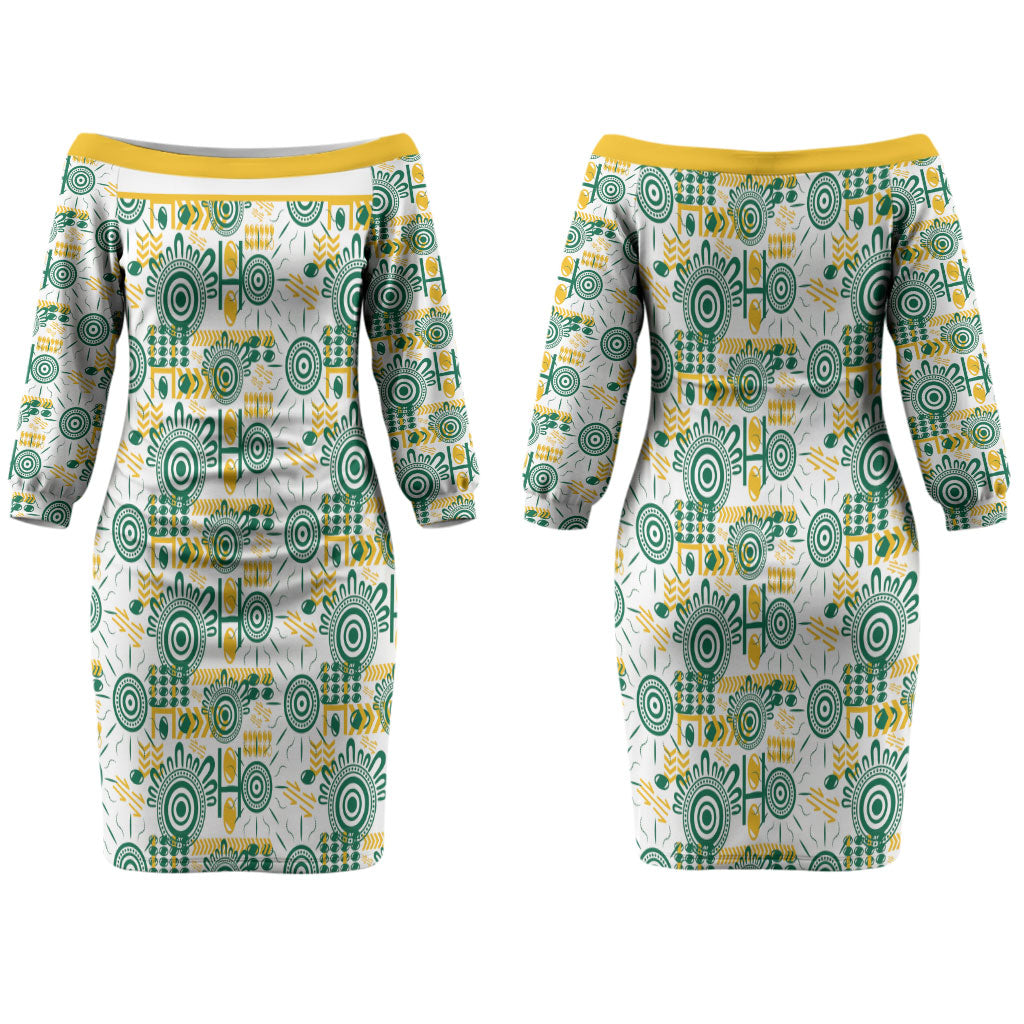 Australia Rugby Kangaroo Couples Matching Off The Shoulder Long Sleeve Dress and Long Sleeve Button Shirt White Aboriginal Dot Geometry