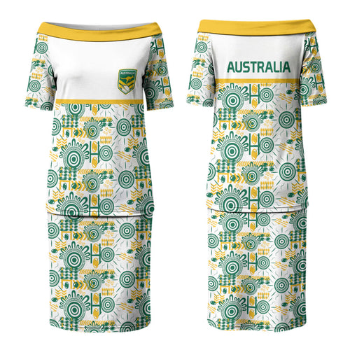 Australia Rugby Kangaroo Couples Matching Puletasi and Hawaiian Shirt White Aboriginal Dot Geometry