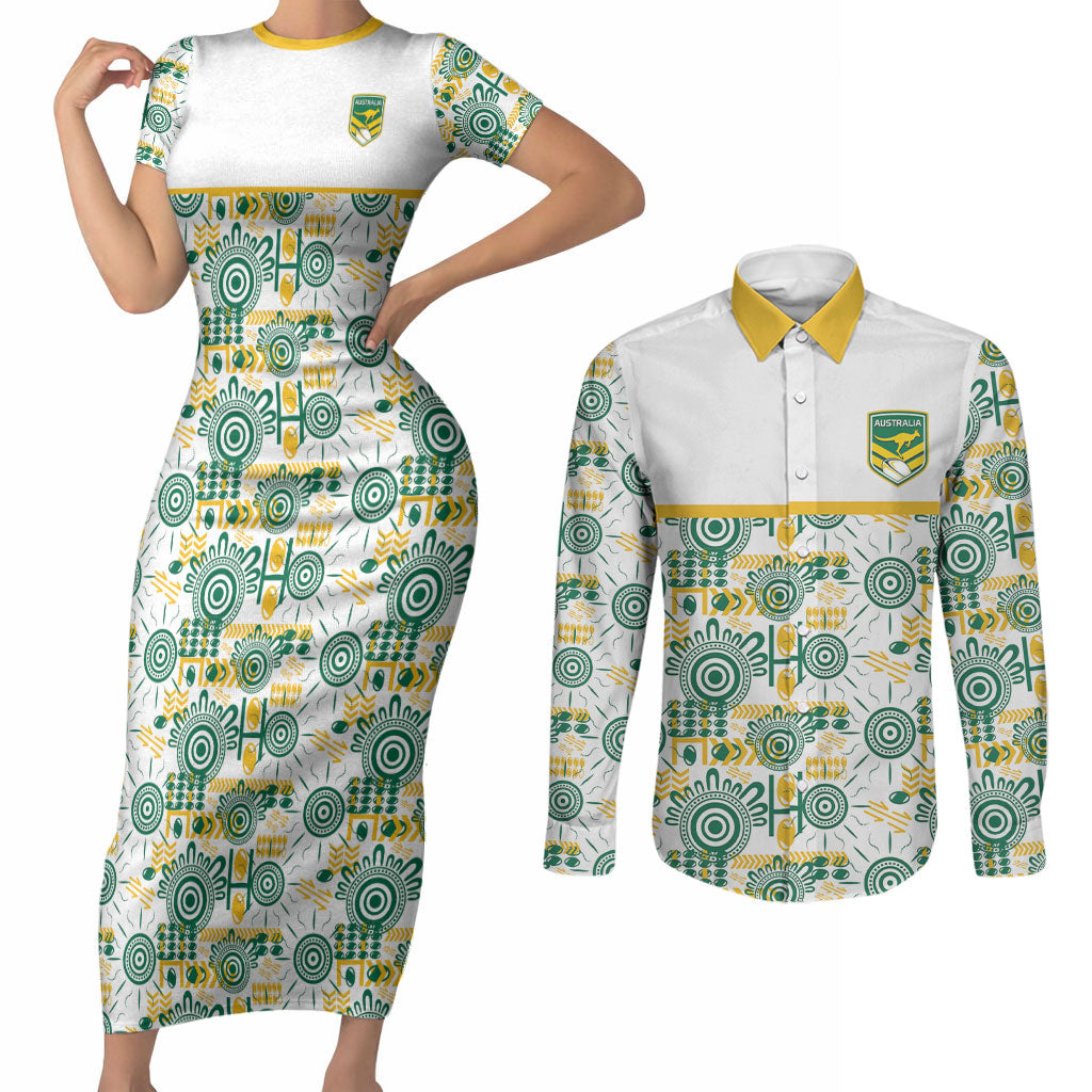 Australia Rugby Kangaroo Couples Matching Short Sleeve Bodycon Dress and Long Sleeve Button Shirt White Aboriginal Dot Geometry