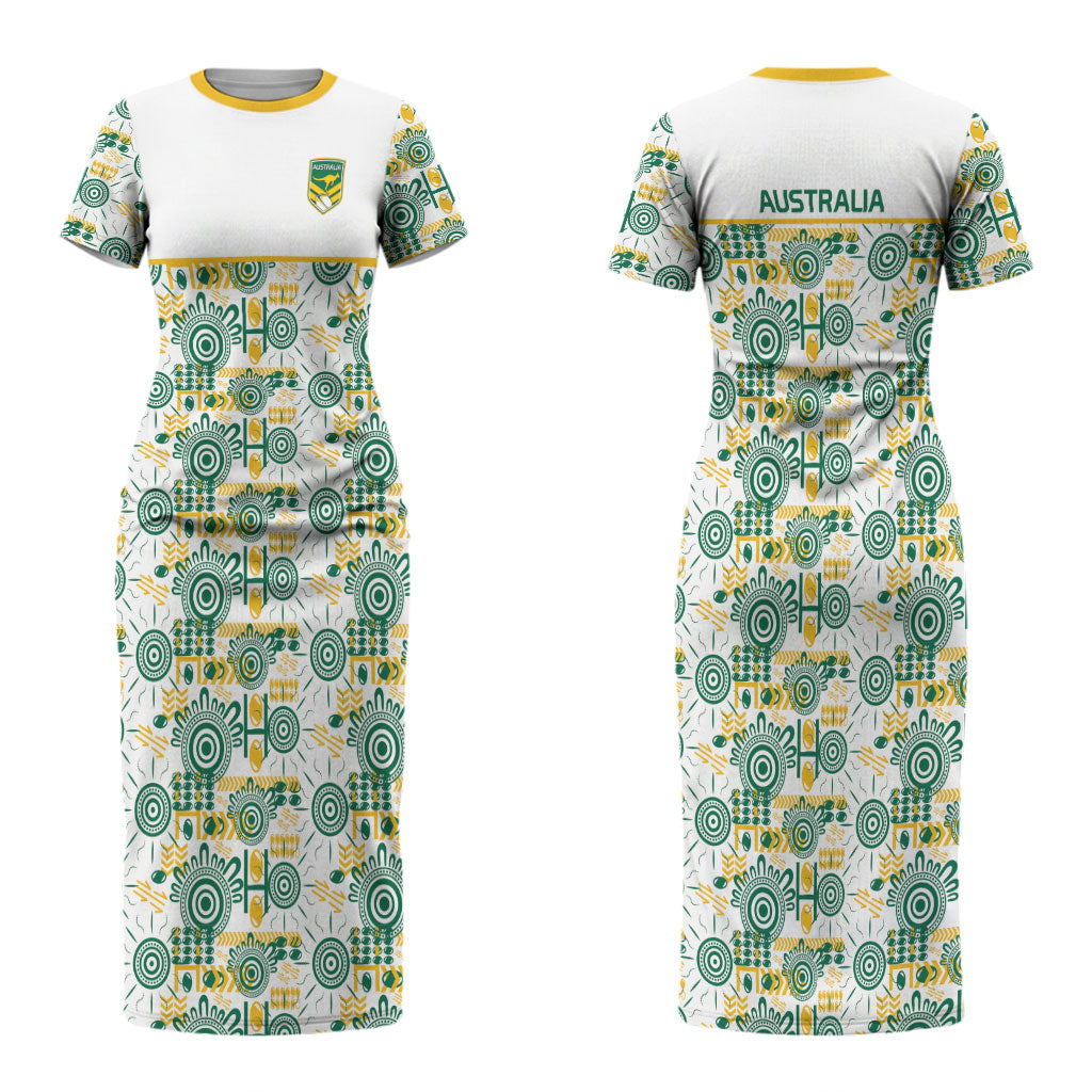 Australia Rugby Kangaroo Couples Matching Short Sleeve Bodycon Dress and Long Sleeve Button Shirt White Aboriginal Dot Geometry