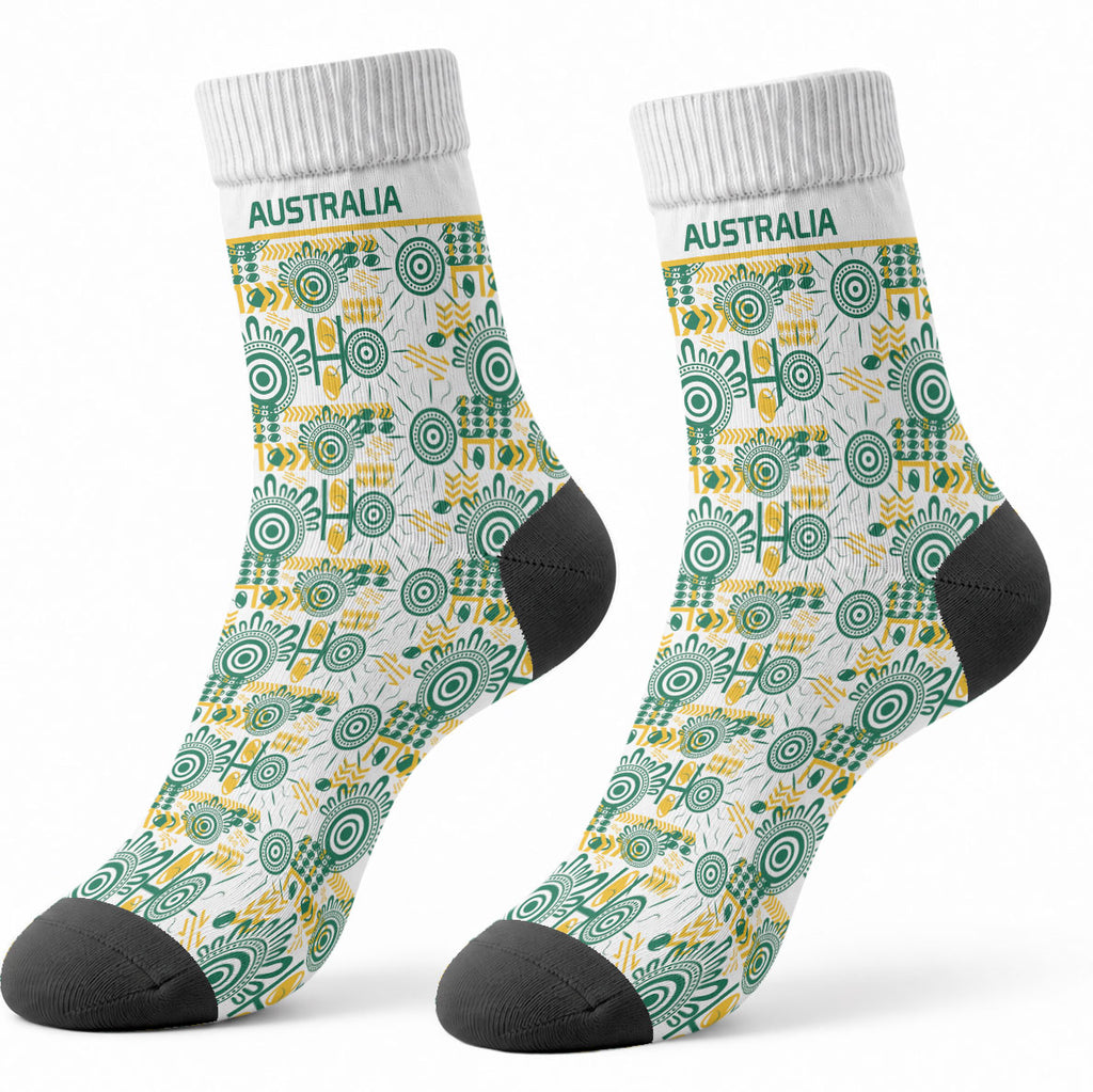 Australia Rugby Kangaroo Crew Socks White Aboriginal Dot Geometry