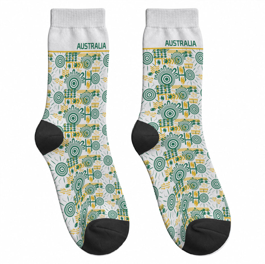 Australia Rugby Kangaroo Crew Socks White Aboriginal Dot Geometry