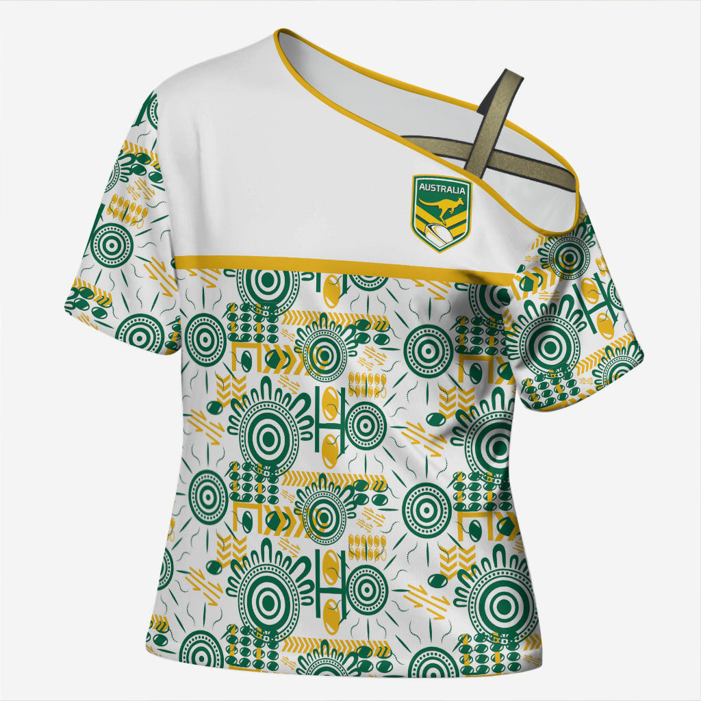Australia Rugby Kangaroo Cross Shoulder Shirt White Aboriginal Dot Geometry