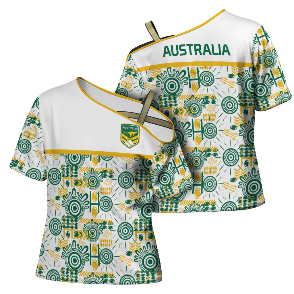 Australia Rugby Kangaroo Cross Shoulder Shirt White Aboriginal Dot Geometry