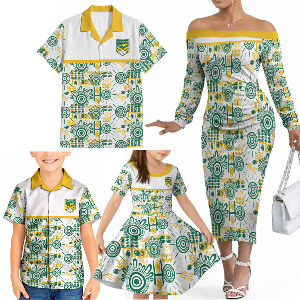 Australia Rugby Kangaroo Family Matching Off The Shoulder Long Sleeve Dress and Hawaiian Shirt White Aboriginal Dot Geometry