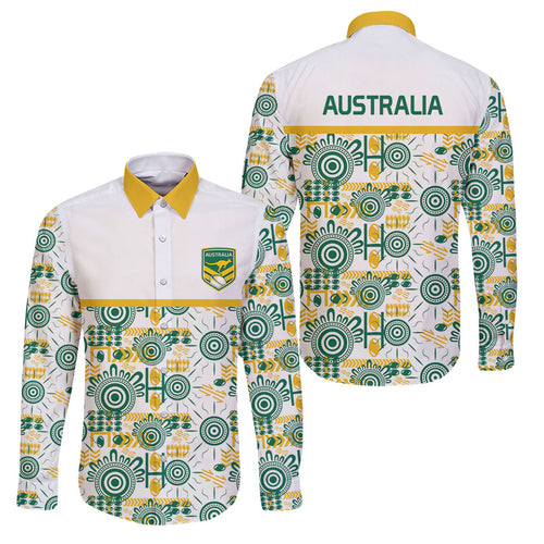 Australia Rugby Kangaroo Family Matching Off The Shoulder Long Sleeve Dress and Hawaiian Shirt White Aboriginal Dot Geometry