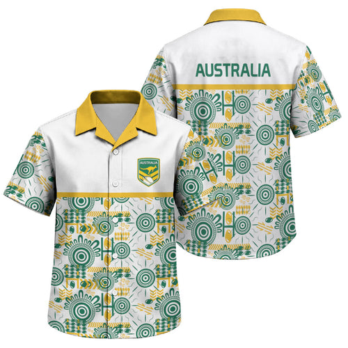 Australia Rugby Kangaroo Family Matching Off The Shoulder Long Sleeve Dress and Hawaiian Shirt White Aboriginal Dot Geometry