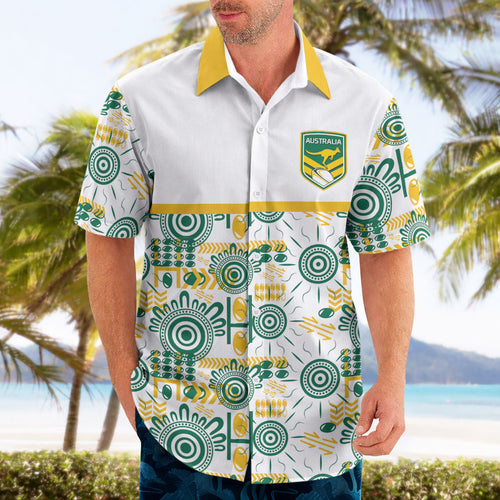 Australia Rugby Kangaroo Hawaiian Shirt White Aboriginal Dot Geometry