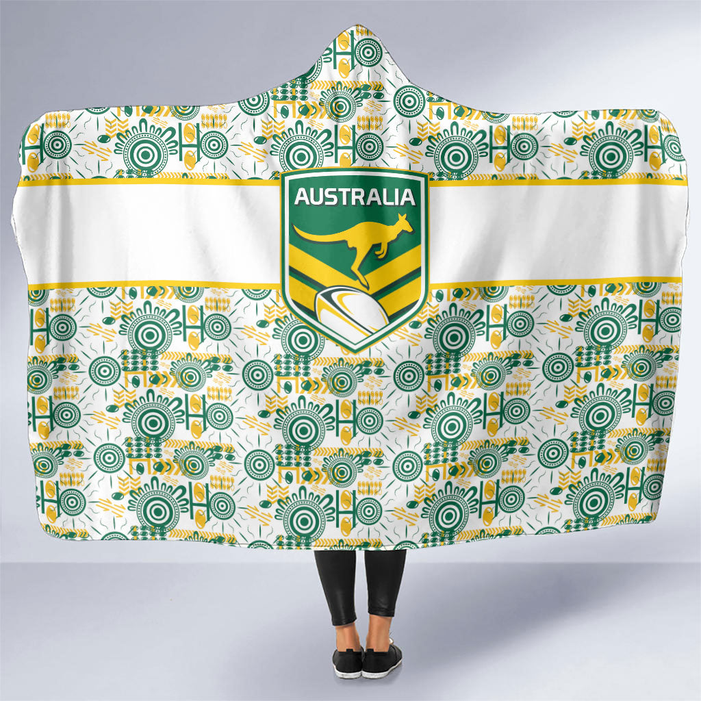 Australia Rugby Kangaroo Hooded Blanket White Aboriginal Dot Geometry