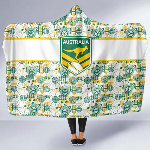Australia Rugby Kangaroo Hooded Blanket White Aboriginal Dot Geometry