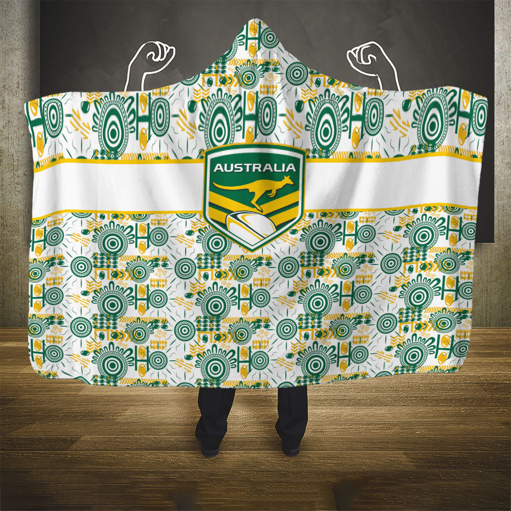 Australia Rugby Kangaroo Hooded Blanket White Aboriginal Dot Geometry