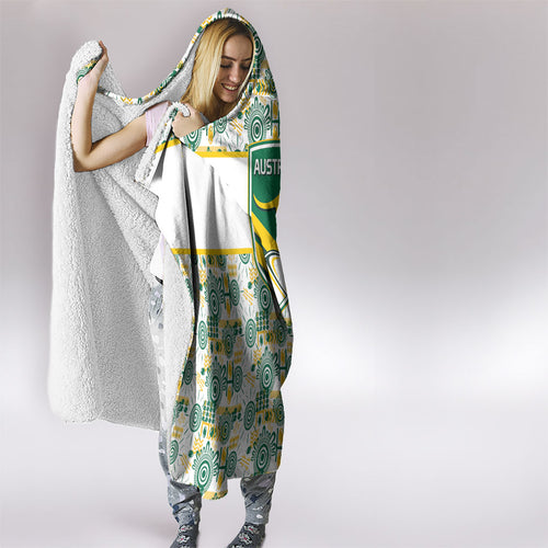 Australia Rugby Kangaroo Hooded Blanket White Aboriginal Dot Geometry