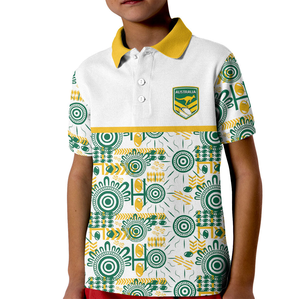 Australia Rugby Kangaroo Kid Polo Shirt White Aboriginal Dot Geometry