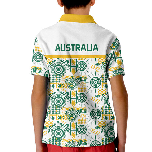 Australia Rugby Kangaroo Kid Polo Shirt White Aboriginal Dot Geometry