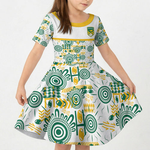 Australia Rugby Kangaroo Kid Short Sleeve Dress White Aboriginal Dot Geometry