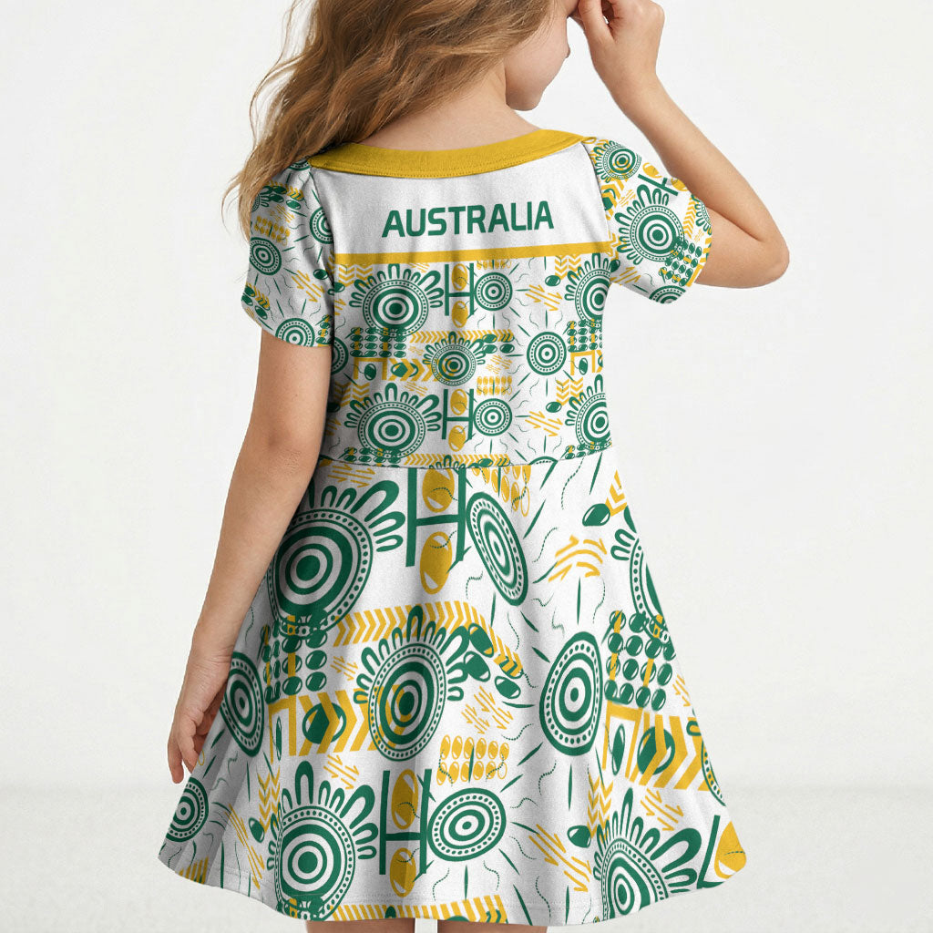 Australia Rugby Kangaroo Kid Short Sleeve Dress White Aboriginal Dot Geometry