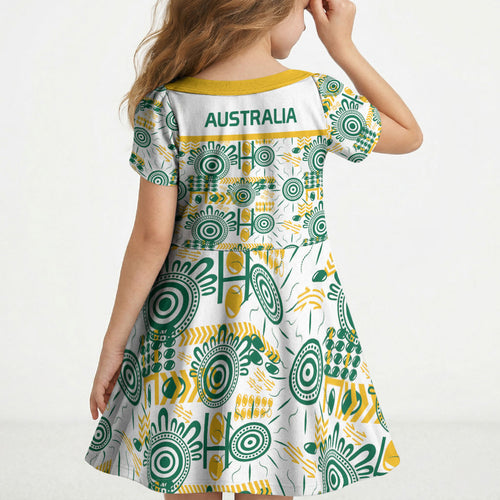 Australia Rugby Kangaroo Kid Short Sleeve Dress White Aboriginal Dot Geometry