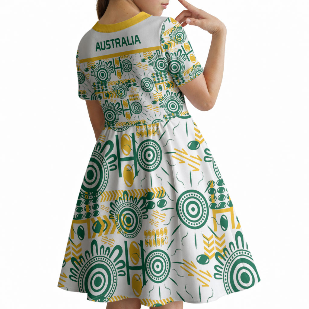 Australia Rugby Kangaroo Kid Short Sleeve Dress White Aboriginal Dot Geometry