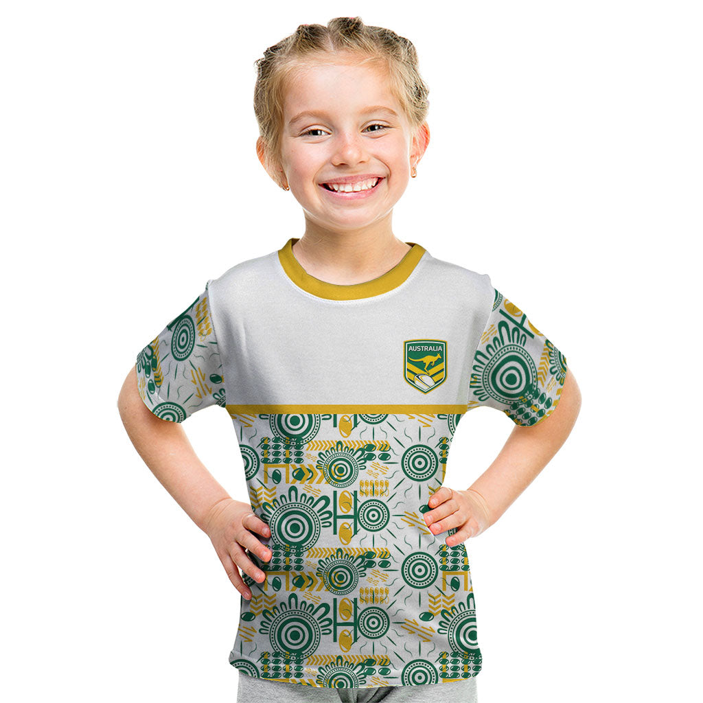 Australia Rugby Kangaroo Kid T Shirt White Aboriginal Dot Geometry