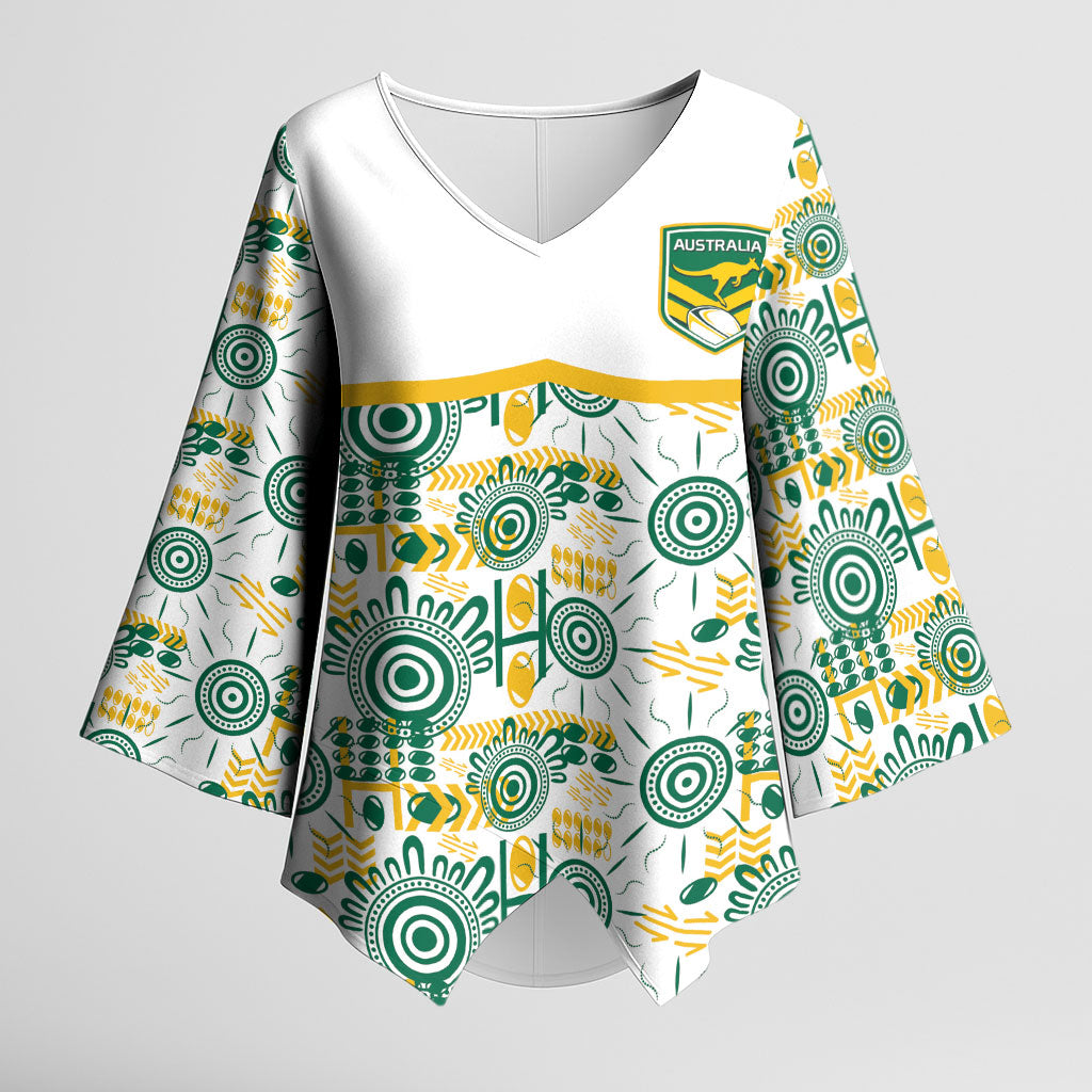 Australia Rugby Kangaroo Kimono Sleeve Blouse White Aboriginal Dot Geometry