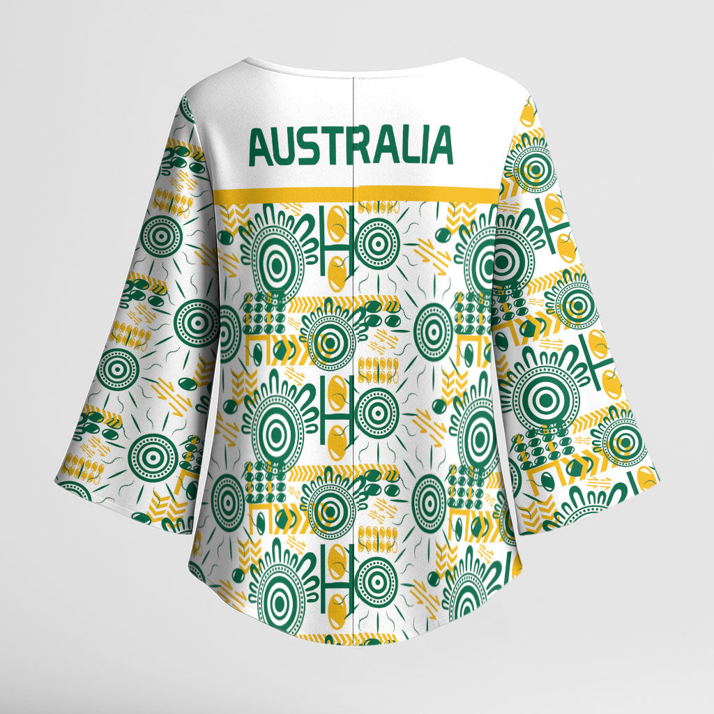 Australia Rugby Kangaroo Kimono Sleeve Blouse White Aboriginal Dot Geometry