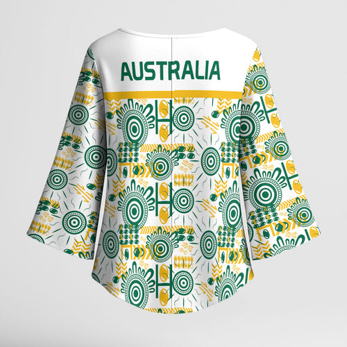 Australia Rugby Kangaroo Kimono Sleeve Blouse White Aboriginal Dot Geometry