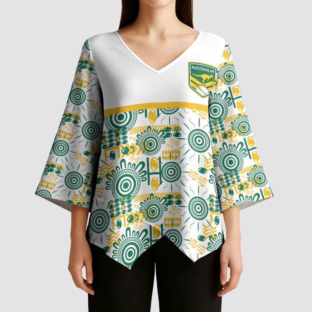 Australia Rugby Kangaroo Kimono Sleeve Blouse White Aboriginal Dot Geometry