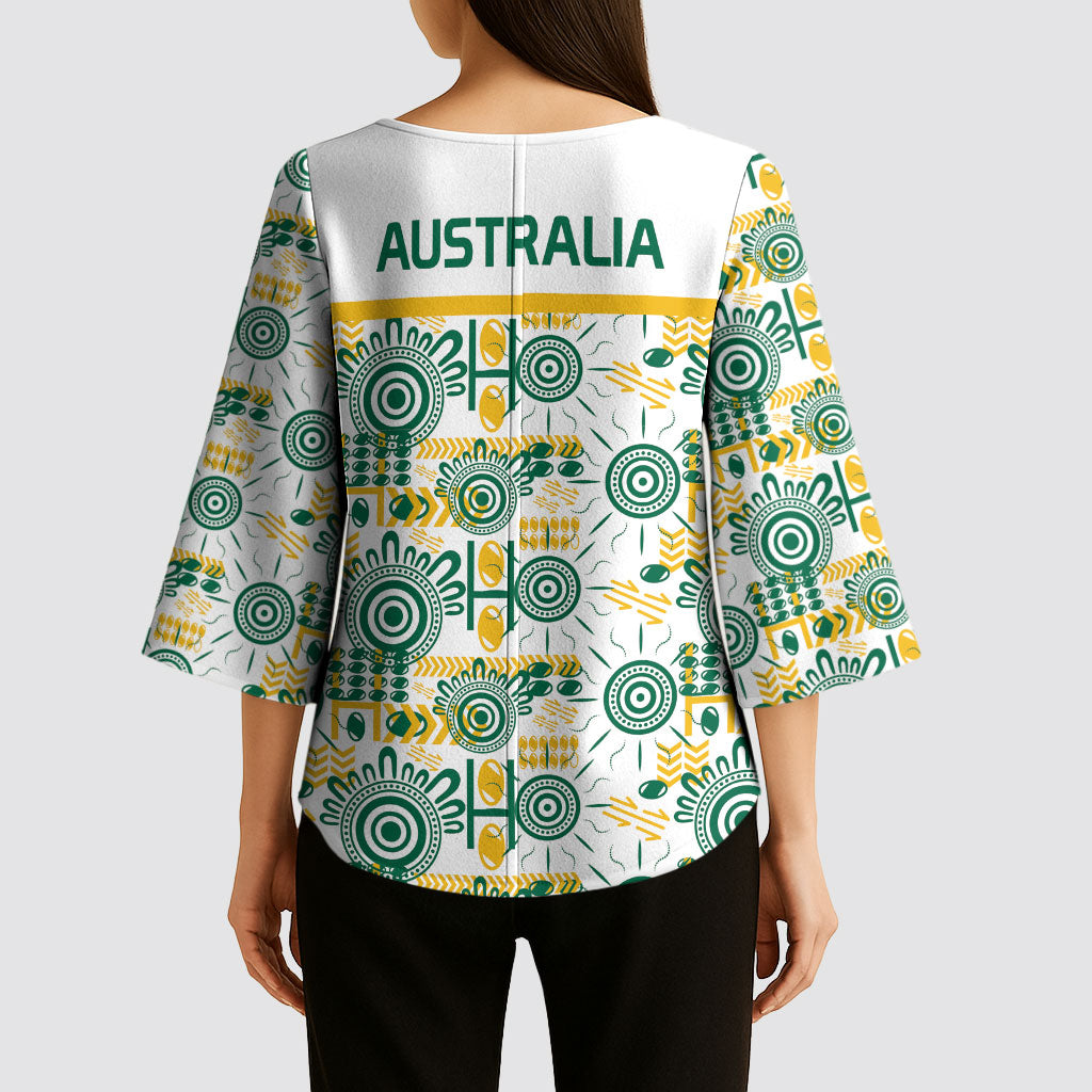 Australia Rugby Kangaroo Kimono Sleeve Blouse White Aboriginal Dot Geometry