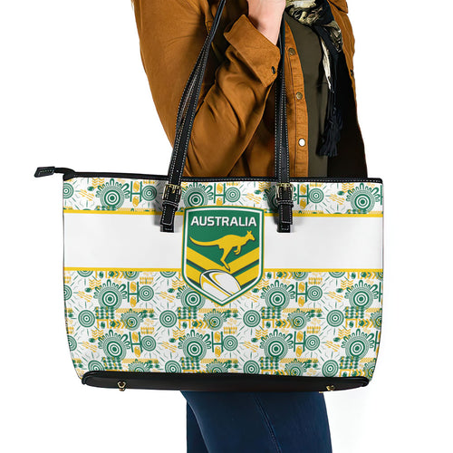 Australia Rugby Kangaroo Leather Tote Bag White Aboriginal Dot Geometry
