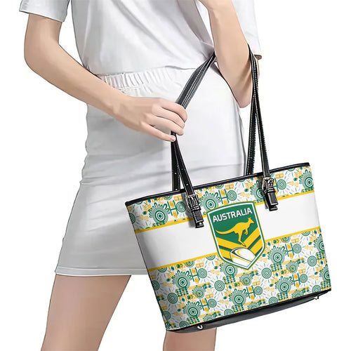 Australia Rugby Kangaroo Leather Tote Bag White Aboriginal Dot Geometry