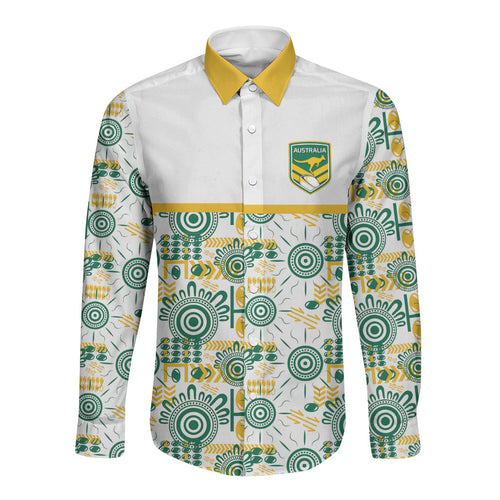 Australia Rugby Kangaroo Long Sleeve Button Shirt White Aboriginal Dot Geometry