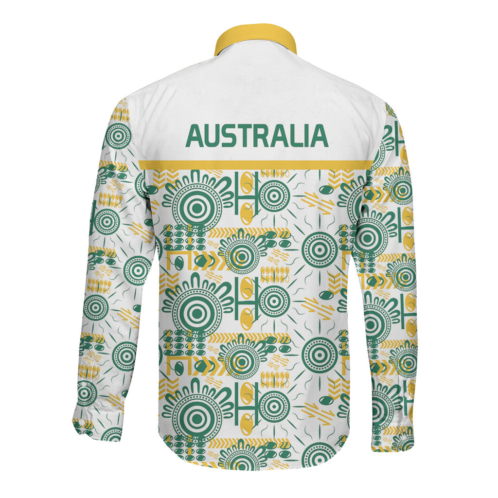 Australia Rugby Kangaroo Long Sleeve Button Shirt White Aboriginal Dot Geometry