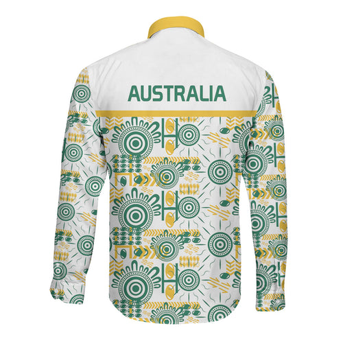 Australia Rugby Kangaroo Long Sleeve Button Shirt White Aboriginal Dot Geometry