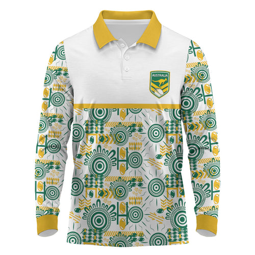 Australia Rugby Kangaroo Long Sleeve Polo Shirt White Aboriginal Dot Geometry