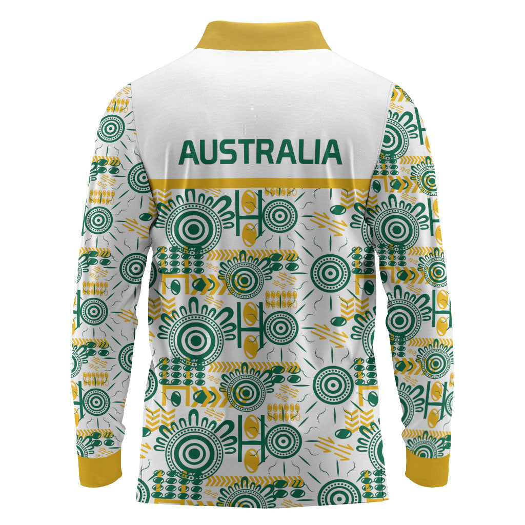 Australia Rugby Kangaroo Long Sleeve Polo Shirt White Aboriginal Dot Geometry