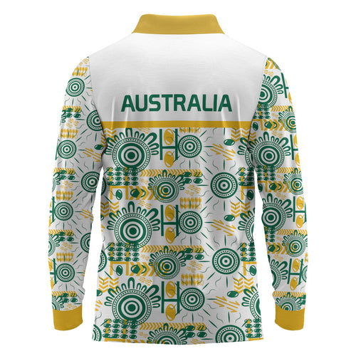 Australia Rugby Kangaroo Long Sleeve Polo Shirt White Aboriginal Dot Geometry