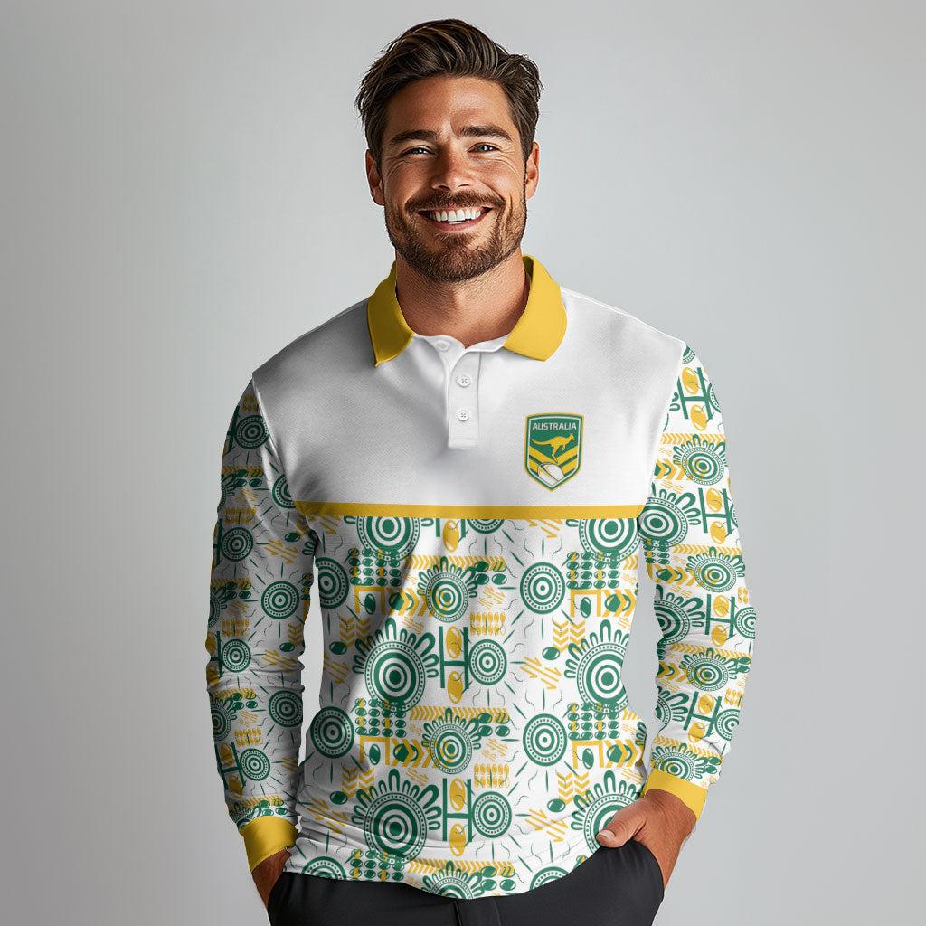 Australia Rugby Kangaroo Long Sleeve Polo Shirt White Aboriginal Dot Geometry