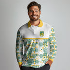 Australia Rugby Kangaroo Long Sleeve Polo Shirt White Aboriginal Dot Geometry