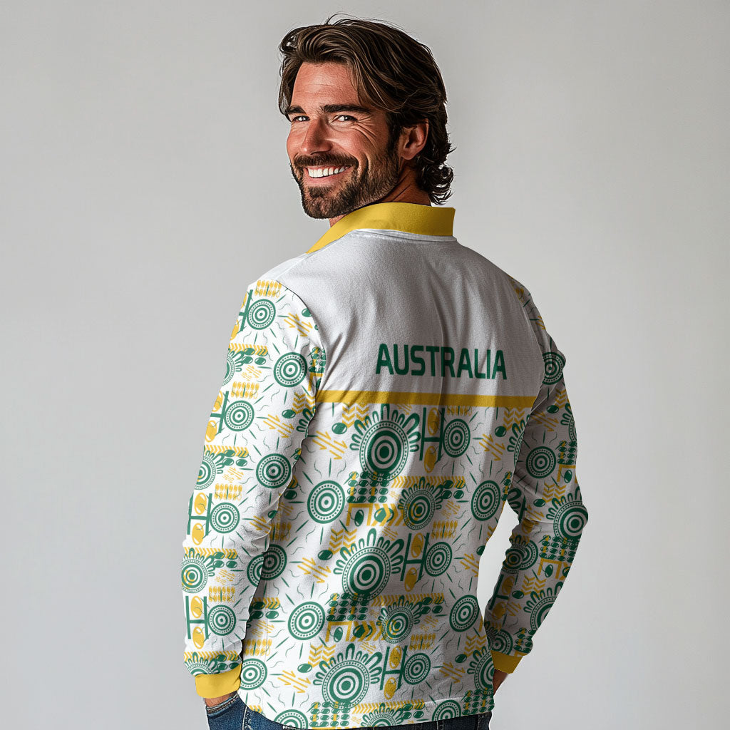 Australia Rugby Kangaroo Long Sleeve Polo Shirt White Aboriginal Dot Geometry